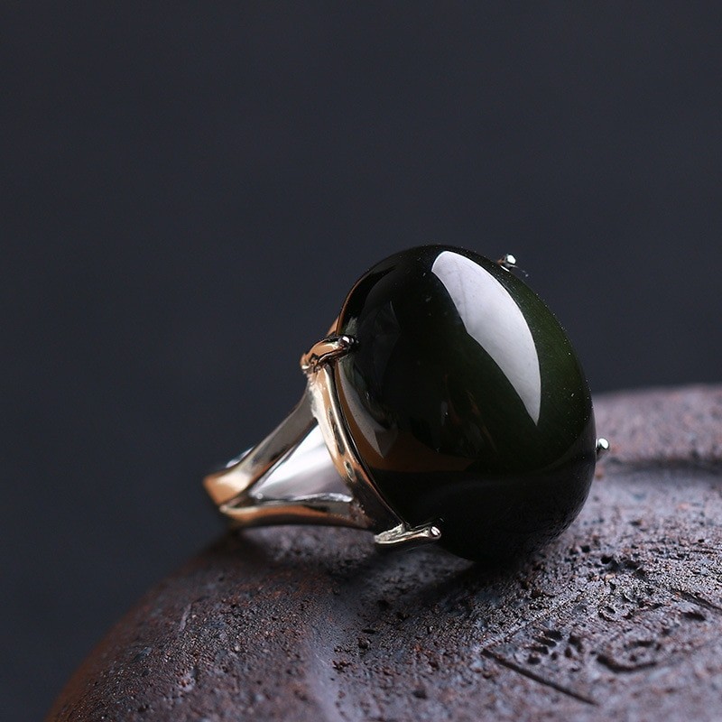 Natural Obsidian Ring Green Cat Eye Stone S925 Sterling Silver Mosaic Ring Simple Men Women Gift Crystal Ring Jewelry Wholesale