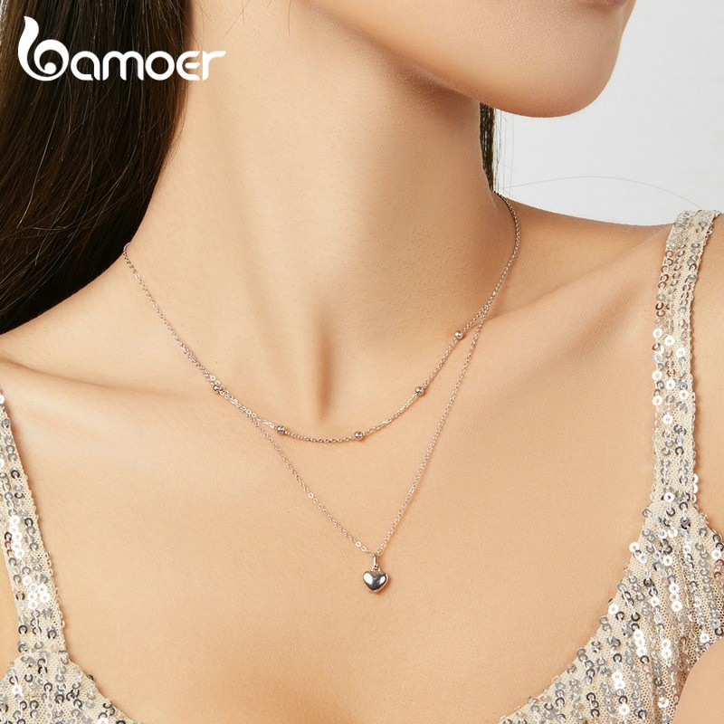 Bamoer Genuine 925 Sterling Silver Heart Pendant Necklace for Women Silver Double Layer Necklace Female Fine Jewelry BSN168