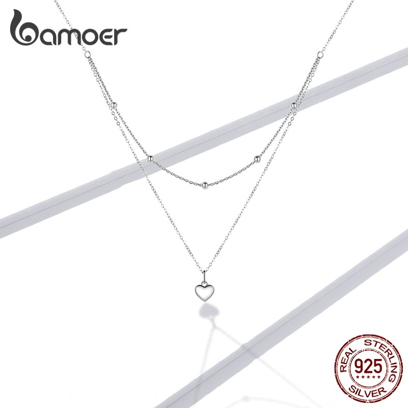 Bamoer Genuine 925 Sterling Silver Heart Pendant Necklace for Women Silver Double Layer Necklace Female Fine Jewelry BSN168