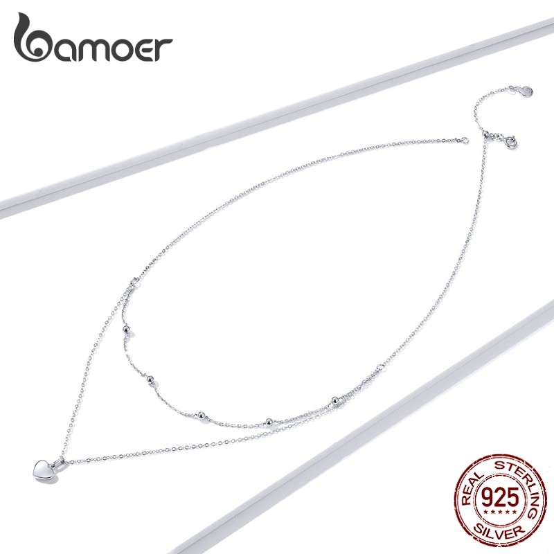 Bamoer Genuine 925 Sterling Silver Heart Pendant Necklace for Women Silver Double Layer Necklace Female Fine Jewelry BSN168