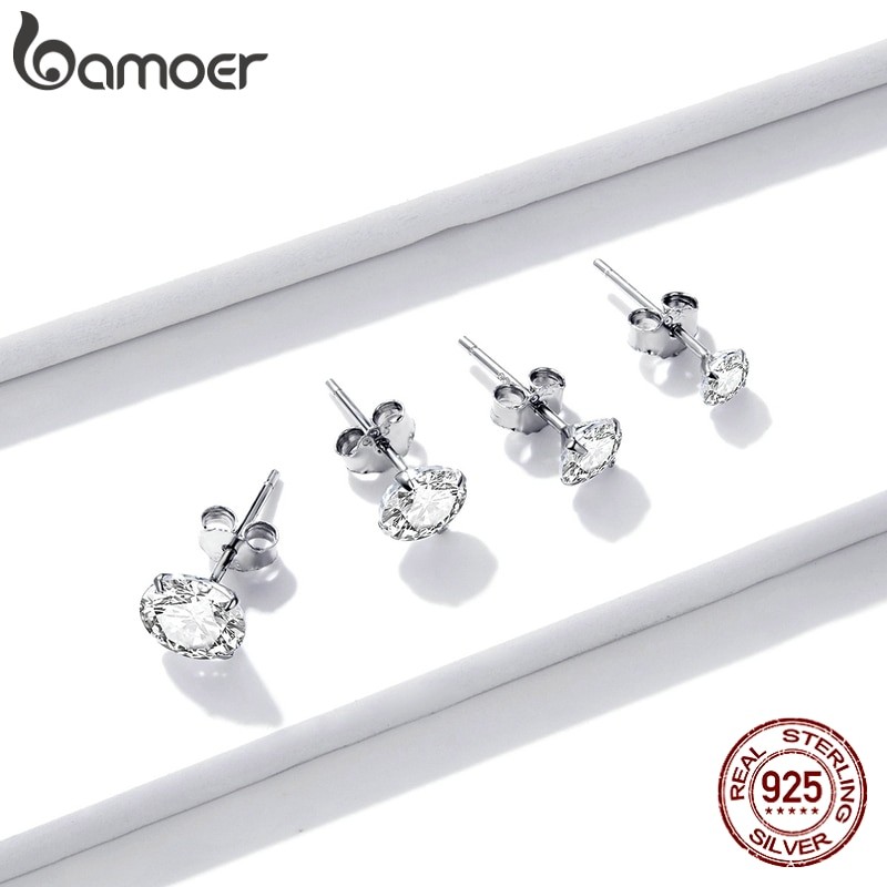 bamoer CZ Stud Earrings 925 Sterling Silver Platinum Plated Round Cubic Zirconia Hypoallergenic Earrings 4mm 5mm 6mm 7mm BSE166