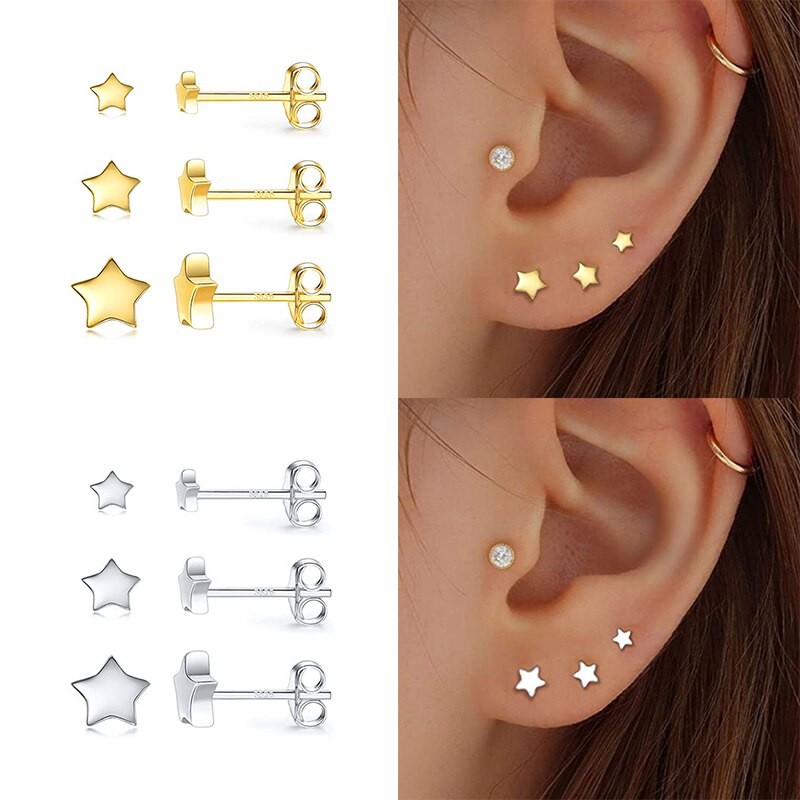 Aide 925 Sterling Silver Star Diamond Stud Earrings For Women Mini Cubic Zirconia Jeweled Geometric Ear Stud Set Jewelry Gift