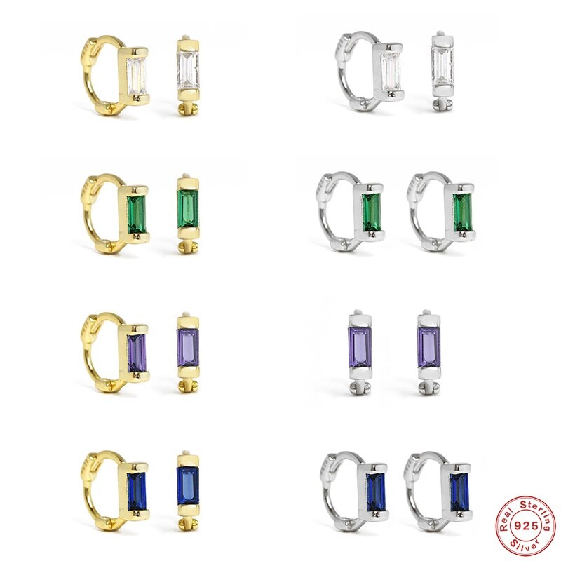 Aide 925 Sterling Silver Rectangle Colorful Zircon 6mm Huggie Earrings Mini Circle Second Hole Cartilage Earring Hoops Jewelry