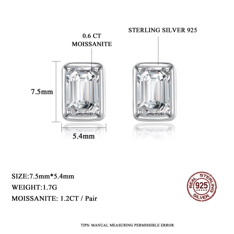 Emerald Cut Moissanite Earrings Classic 2022 Trendy Women's 925 Sterling Silver Engagement Earings Luxury Fine Jewelry 1.2CT