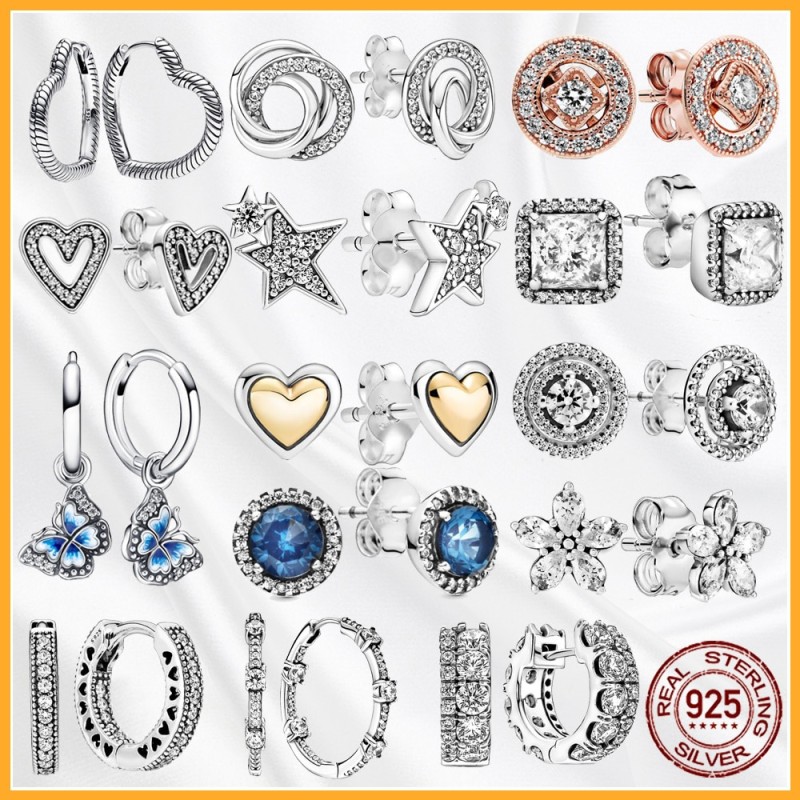 New 925 Sterling Silver Asymmetrical Heart Hoop Stud Earrings Original Sparkling SnowflakStud Earrings DIY Women Fashion Gift