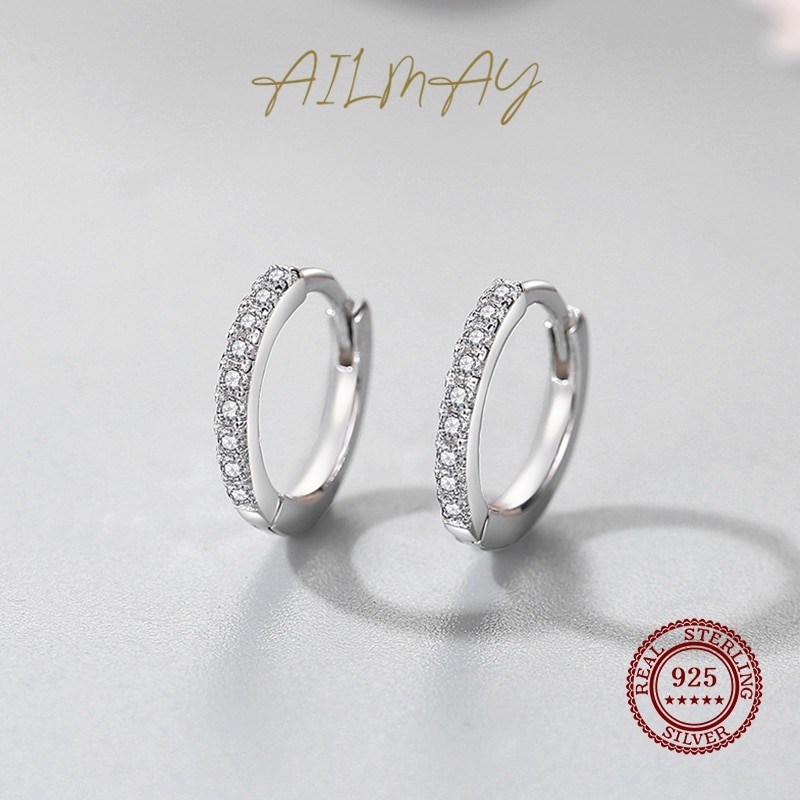 Ailmay Fashion Simple Clear Zircon Hoop Earrings 100% 925 Sterling Silver For Women Girls Anti-allergy Fine Jewelry Gifts