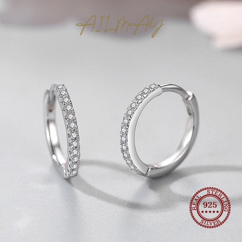 Ailmay Fashion Simple Clear Zircon Hoop Earrings 100% 925 Sterling Silver For Women Girls Anti-allergy Fine Jewelry Gifts