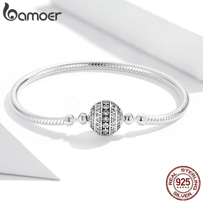Bamoer 100% 925 Sterling Silver Dazzling Clear CZ Round Clasp Snake Chain Flower Clasp Bracelet Fine Jewelry SCB062