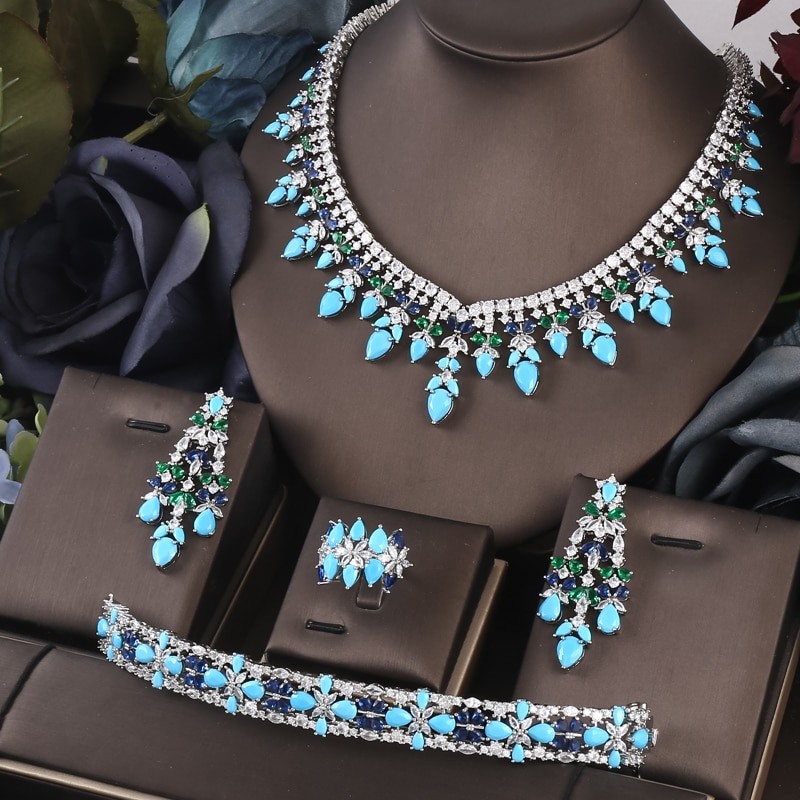 Janekelly 4pcs Bridal Zirconia Full Jewelry Sets For Women Party, Luxury Dubai Nigeria CZ Crystal Wedding Jewelry Sets