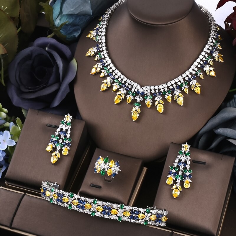 Janekelly 4pcs Bridal Zirconia Full Jewelry Sets For Women Party, Luxury Dubai Nigeria CZ Crystal Wedding Jewelry Sets