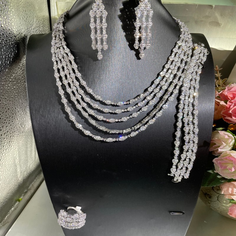 Janekelly4 pcs Bridal Zirconia Full Jewelry Sets For Women Party, Luxury Dubai Nigeria CZ Crystal Wedding Jewelry Sets