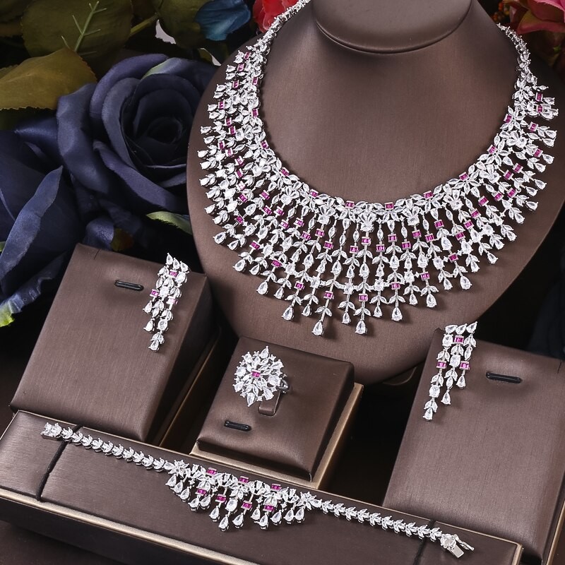 Janekelly4  pcs Bridal Zirconia Full Jewelry Sets For Women Party, Luxury Dubai Nigeria CZ Crystal Wedding Jewelry Sets