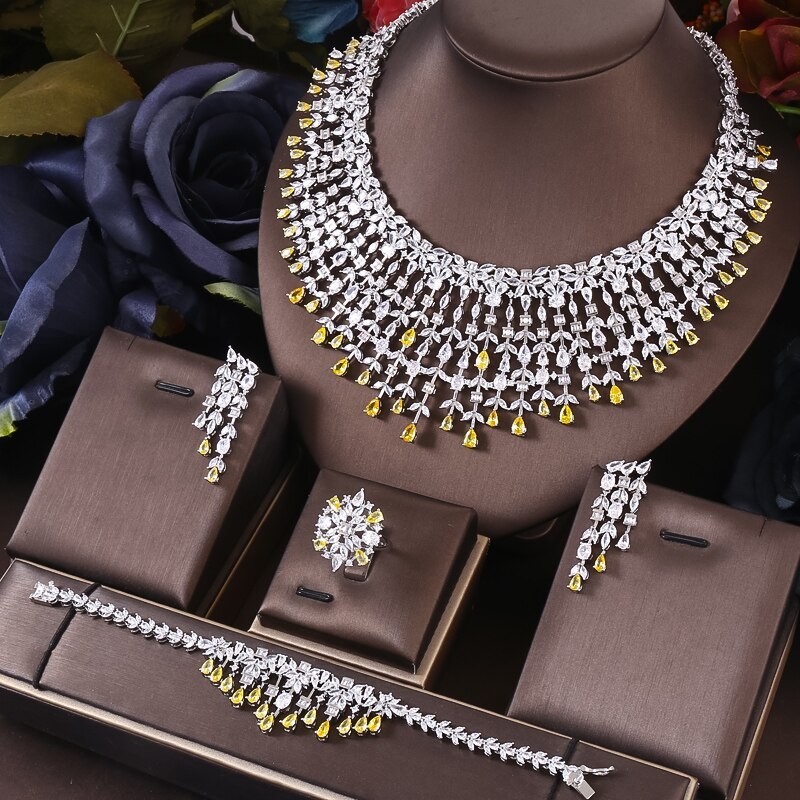 Janekelly4  pcs Bridal Zirconia Full Jewelry Sets For Women Party, Luxury Dubai Nigeria CZ Crystal Wedding Jewelry Sets