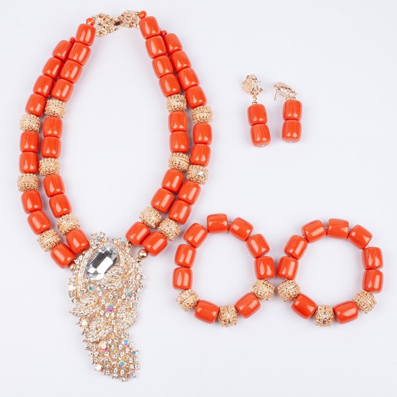 New Artificial Coral African Beads Jewelry Set Big Brooch Double Layers Nigerian Wedding Costume Jewelry Set WE320