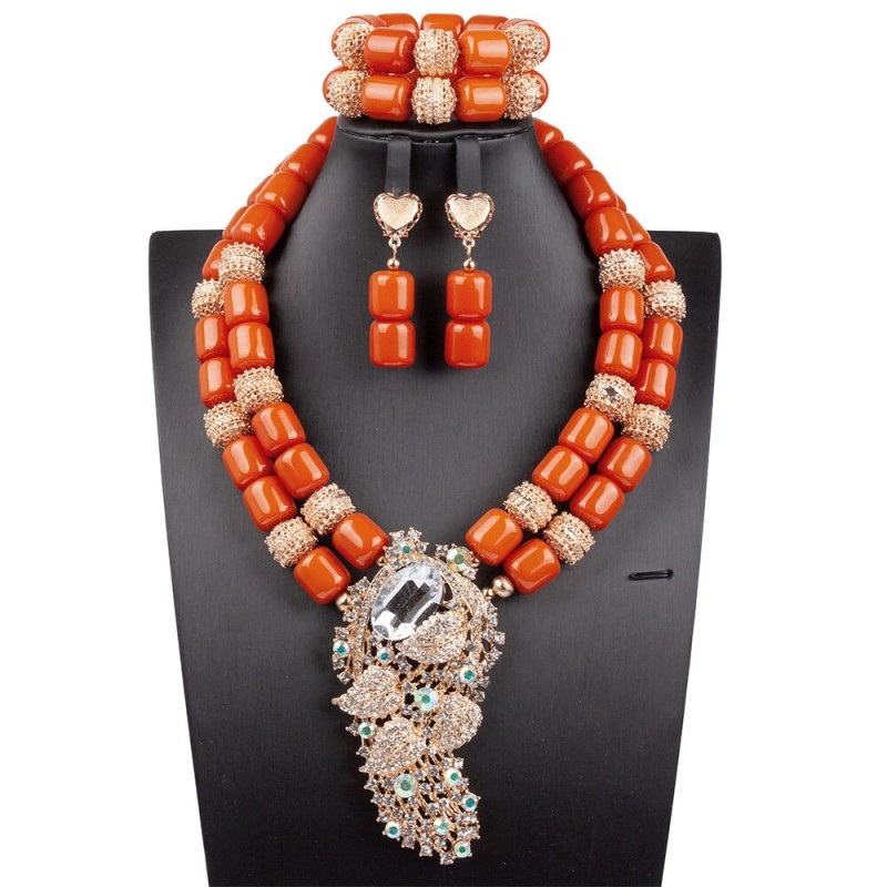 New Artificial Coral African Beads Jewelry Set Big Brooch Double Layers Nigerian Wedding Costume Jewelry Set WE320