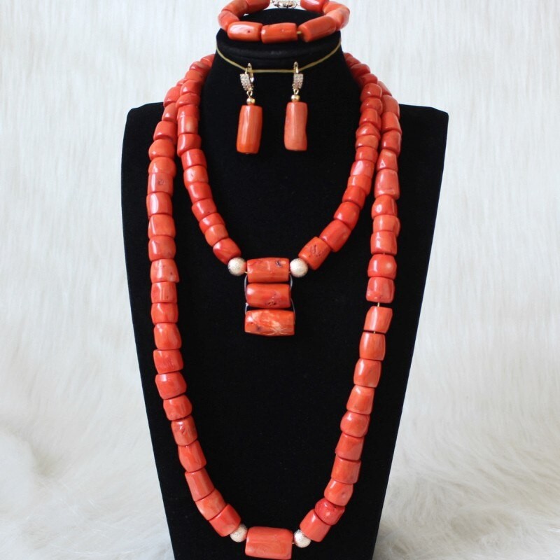URORU African jewellery Set Nature Original Coral Beads Jewelry Set for women Fashion 2 Layers Nigerian Necklace for Wedding