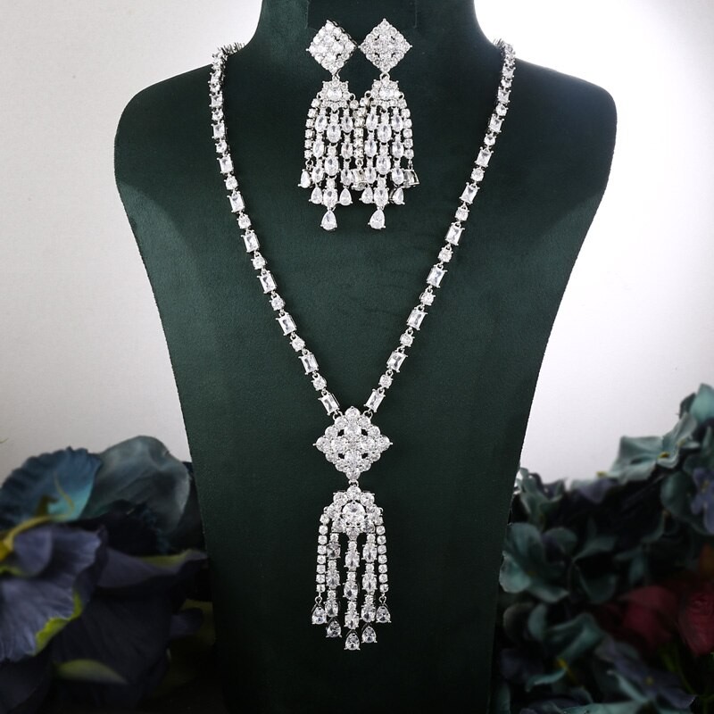 Janekelly 2pcs Bridal Zirconia Full Jewelry Sets For Women Party, Luxury Dubai Nigeria CZ Crystal Wedding necklace sets