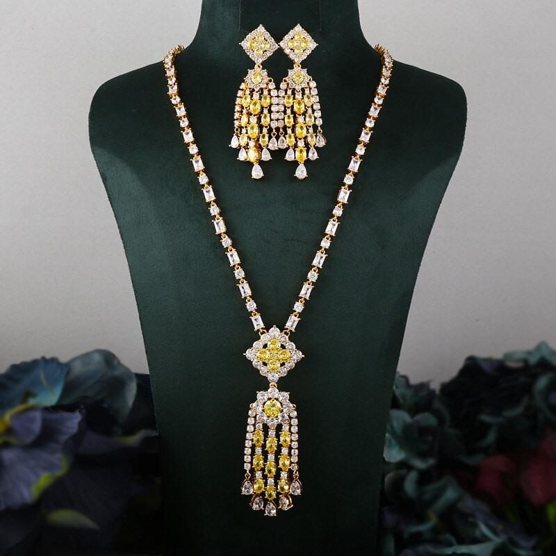 Janekelly 2pcs Bridal Zirconia Full Jewelry Sets For Women Party, Luxury Dubai Nigeria CZ Crystal Wedding necklace sets