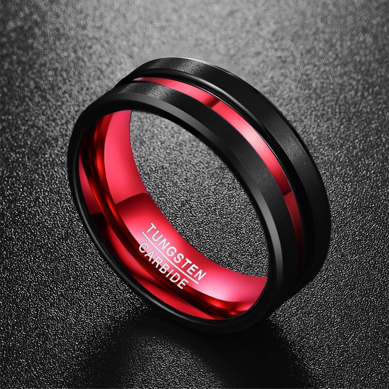 NUNCAD New Hot Sell Men's 8MM Black and Red Tungsten Carbide Ring Matte Finish Beveled Edges Size 7 To 16 AAA Quality Jewelry