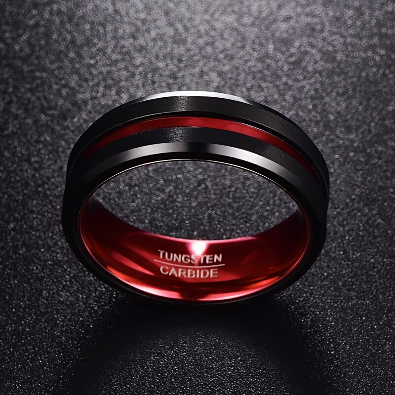 NUNCAD New Hot Sell Men's 8MM Black and Red Tungsten Carbide Ring Matte Finish Beveled Edges Size 7 To 16 AAA Quality Jewelry