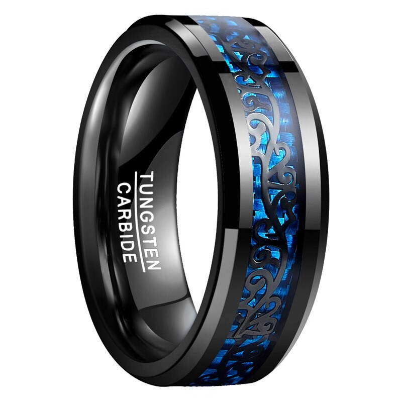 NUNCAD 8mm Wedding Bands Engagement Ring Plating Black Tungsten Carbide Ring Inlaid Vine Pattern Blue Carbon Fiber Men's Jewelry