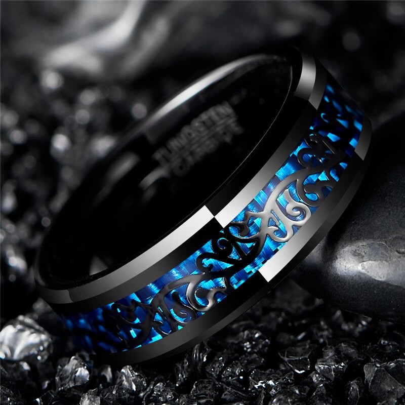 NUNCAD 8mm Wedding Bands Engagement Ring Plating Black Tungsten Carbide Ring Inlaid Vine Pattern Blue Carbon Fiber Men's Jewelry