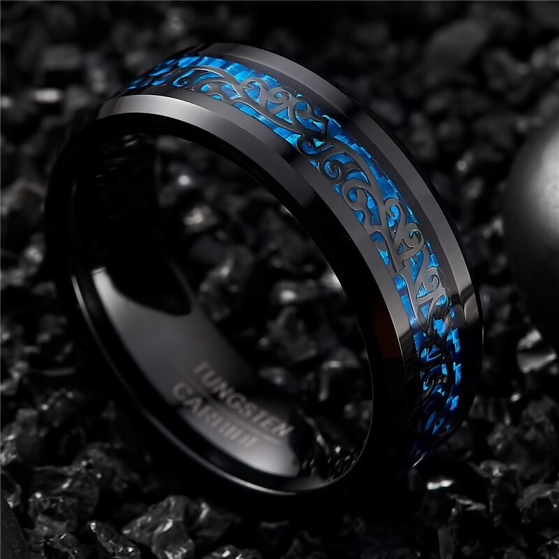 NUNCAD 8mm Wedding Bands Engagement Ring Plating Black Tungsten Carbide Ring Inlaid Vine Pattern Blue Carbon Fiber Men's Jewelry