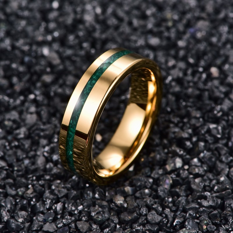 6mm Gold Polished Inlaid Malachite Tungsten Steel Ring Tungsten Carbide Ring Men's Fashion Wedding Jewelry Best Gift