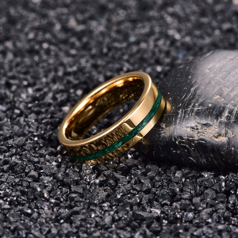 6mm Gold Polished Inlaid Malachite Tungsten Steel Ring Tungsten Carbide Ring Men's Fashion Wedding Jewelry Best Gift