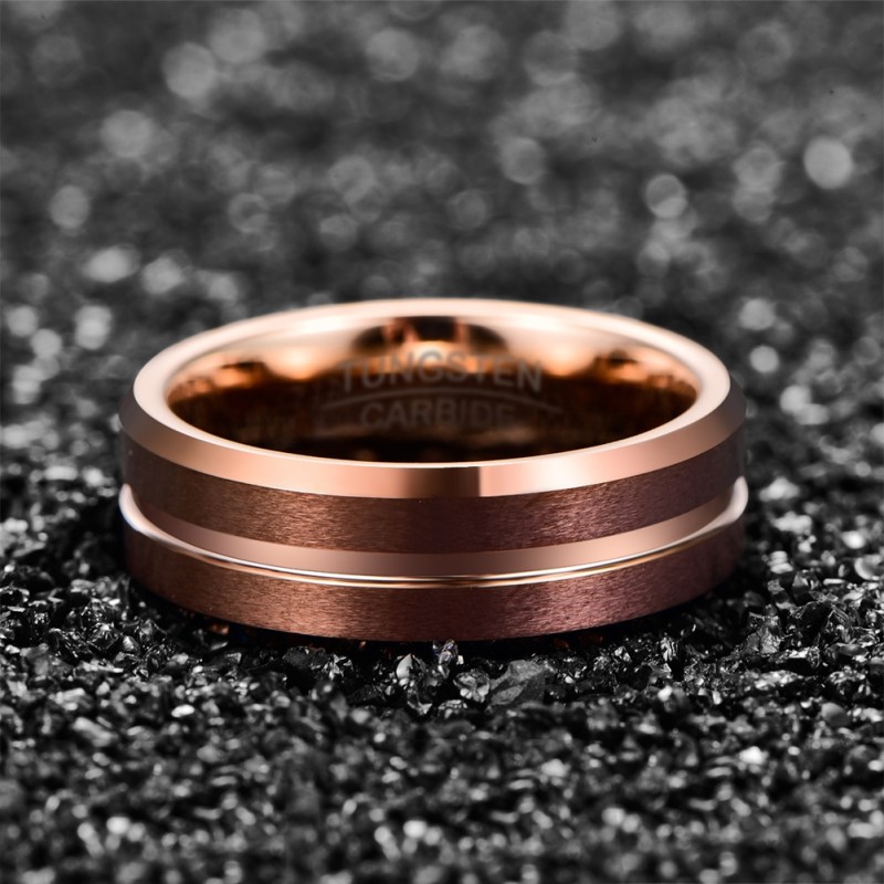 NUNCAD 8mm Width Tungsten Carbide Ring Brown Plating + Rose Gold Middle Groove Angle Tungsten Steel Men's Ring Comfort Fit