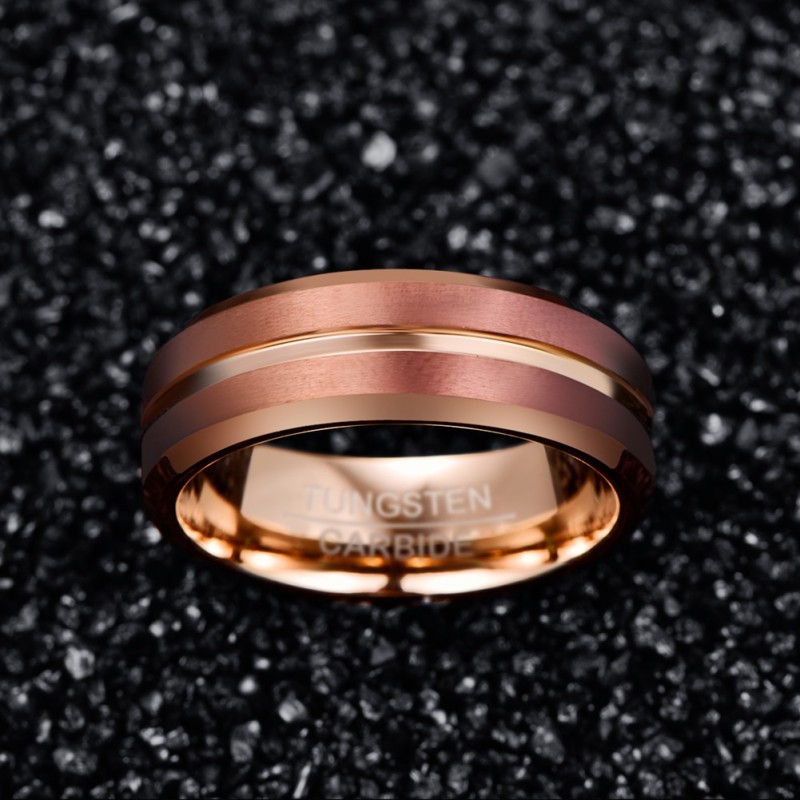 NUNCAD 8mm Width Tungsten Carbide Ring Brown Plating + Rose Gold Middle Groove Angle Tungsten Steel Men's Ring Comfort Fit