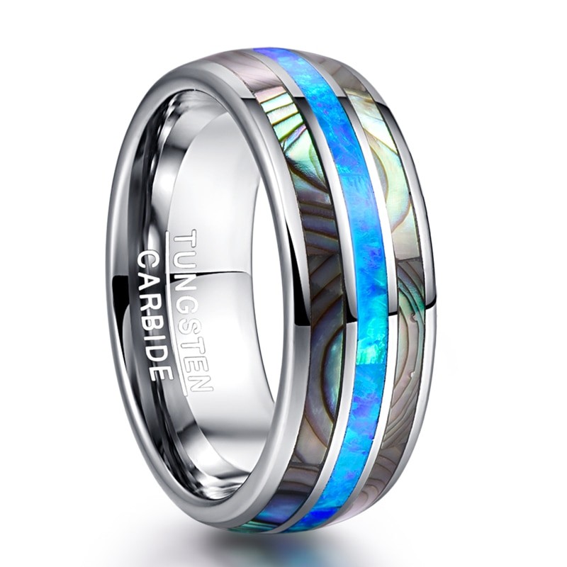 Nuncad 8mm Blue Opal Tungsten Carbide Rings Inlaid Natural Shells Anniversary Party Jewelry Gift Silver Color Rings Dropshipping