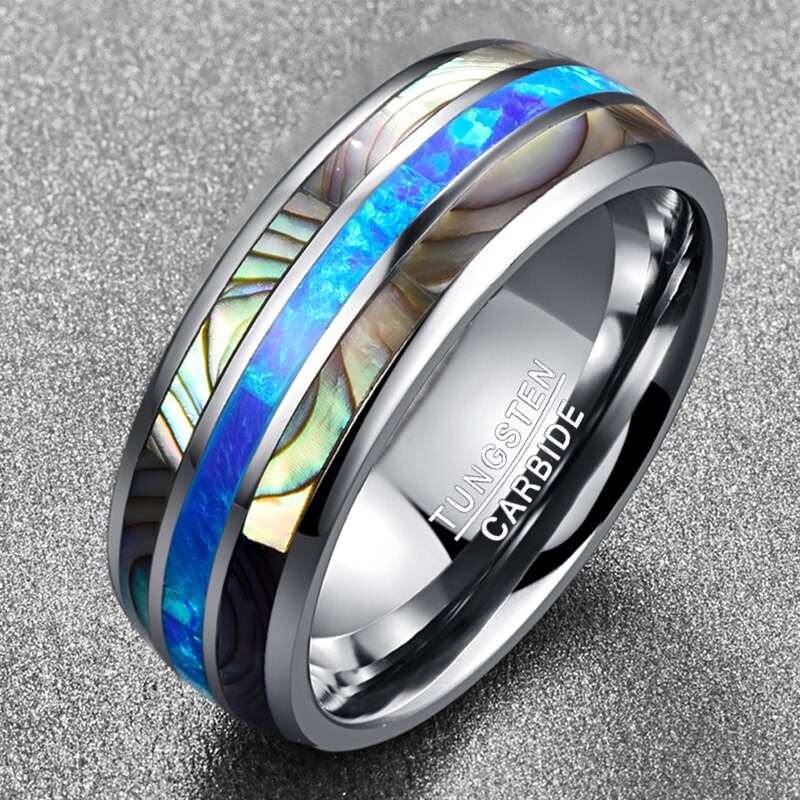 Nuncad 8mm Blue Opal Tungsten Carbide Rings Inlaid Natural Shells Anniversary Party Jewelry Gift Silver Color Rings Dropshipping