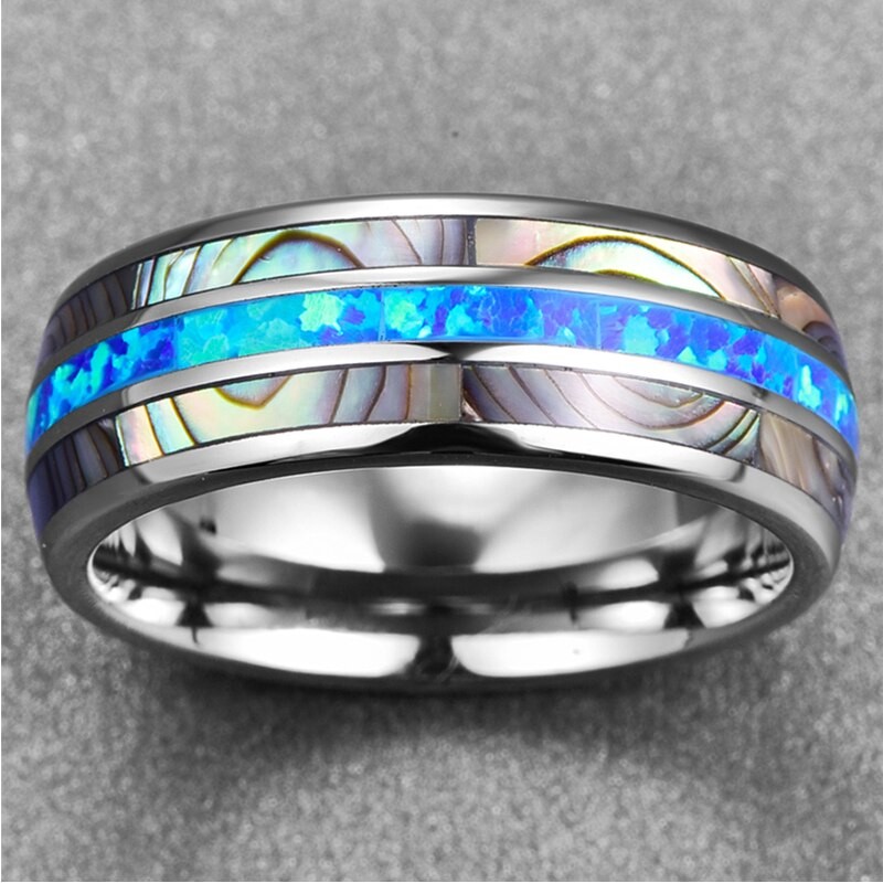 Nuncad 8mm Blue Opal Tungsten Carbide Rings Inlaid Natural Shells Anniversary Party Jewelry Gift Silver Color Rings Dropshipping