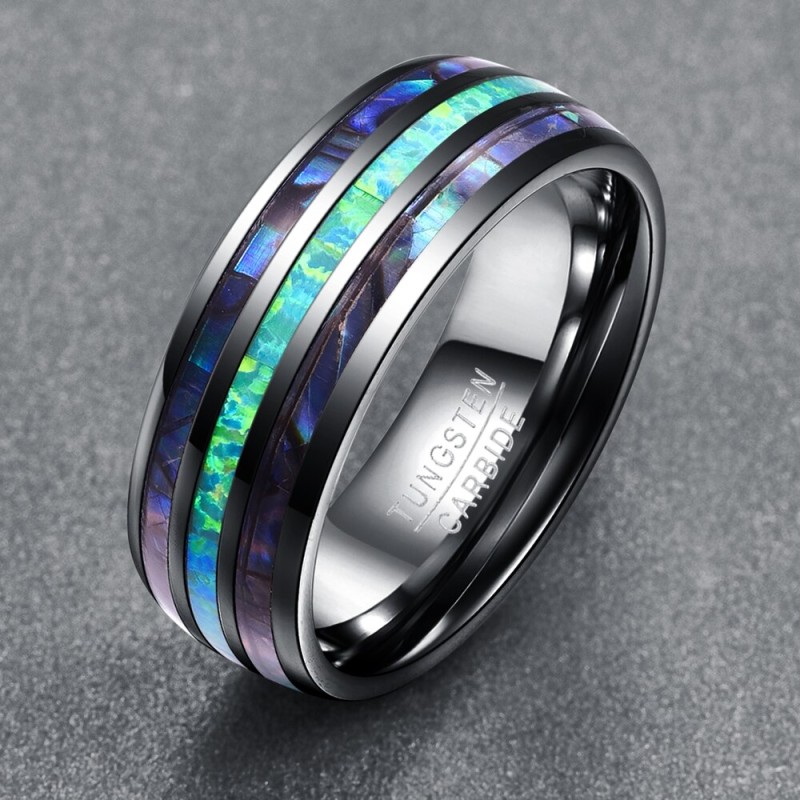 Nuncad 8MM Wide Polished Abalone Shell Tungsten Carbide Rings Dome Triple Grooved Opal Tungsten Steel Ring Never Fade T082R