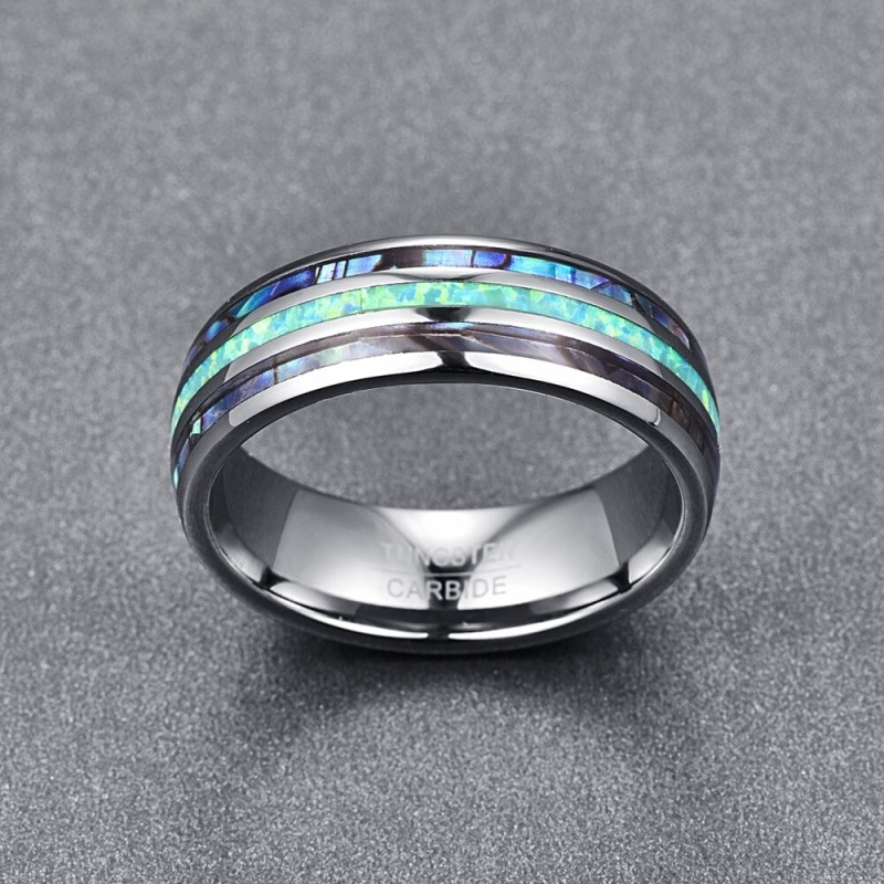 Nuncad 8MM Wide Polished Abalone Shell Tungsten Carbide Rings Dome Triple Grooved Opal Tungsten Steel Ring Never Fade T082R