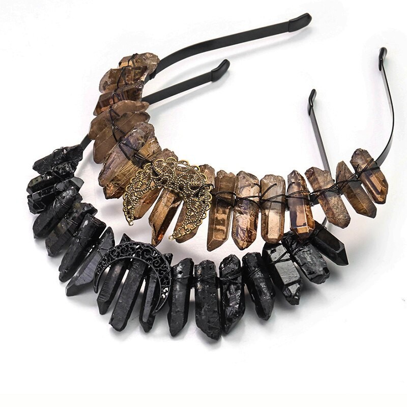 Real Crystal Quartz Druzy Crown Gothic Moon Raw Stone Wand Hairpin Tiara Witchcraft Comb Hair Woman Wed Halloween Jewelry Gift