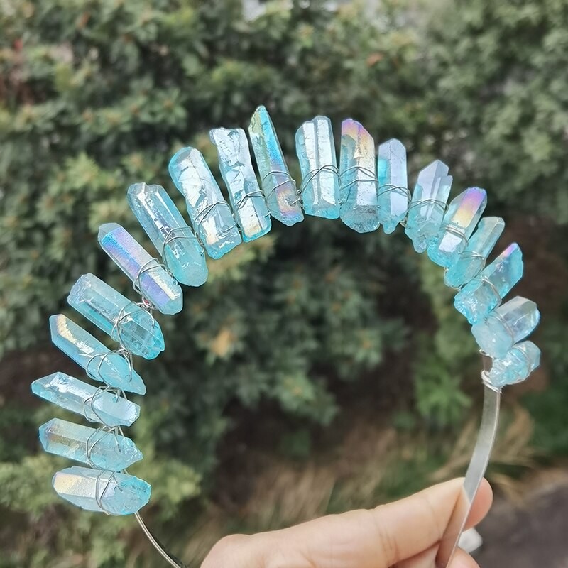 Real Crystal Quartz Druzy Crown Gothic Moon Raw Stone Wand Hairpin Tiara Witchcraft Comb Hair Woman Wed Halloween Jewelry Gift