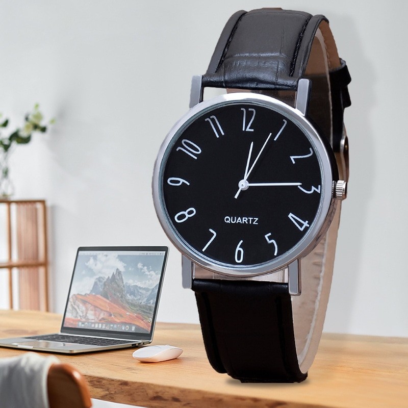 Three-Eye Men's Watch Men's Quartz Watch Blue Light Glass Belt Watch Men's Neutral Couple Model B in Black