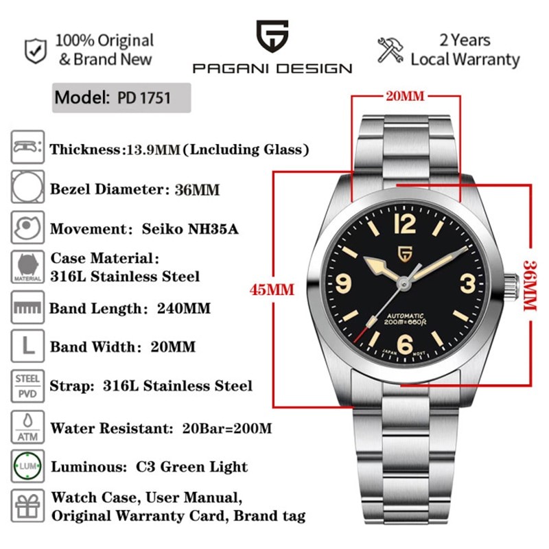 2023 New 36MM PAGANI DESIGN Men Automatic Mechanical Watches NH35 Sapphire Stainless Steel AR Coating 20Bar Relogio Masculino