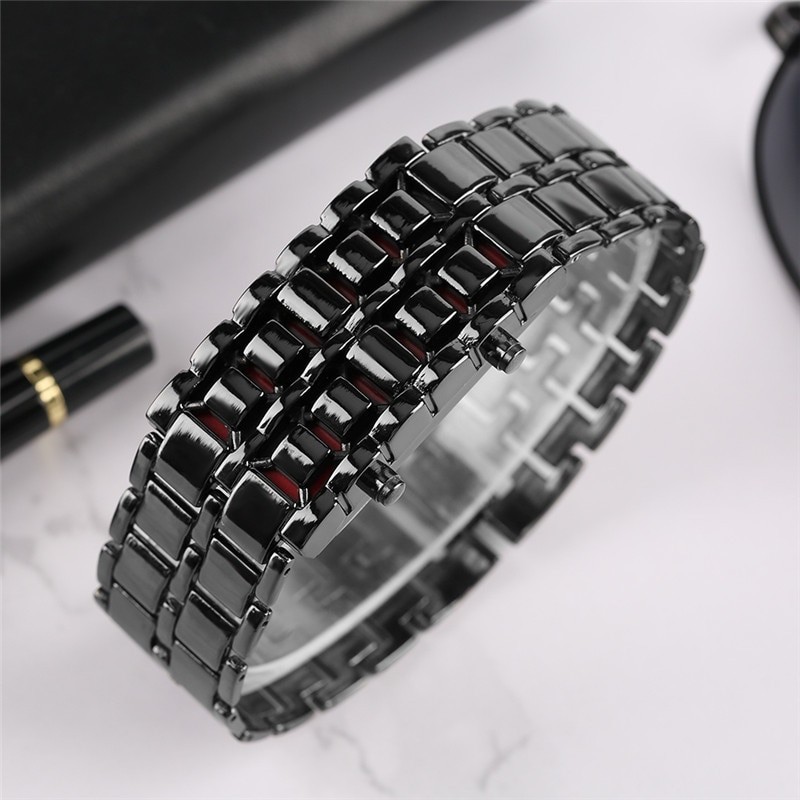 Fashion Black Full Metal Digital Lava Wrist Watch Men Red LED Display Men's Watches Gifts for Male Boy Sport Creative Clock