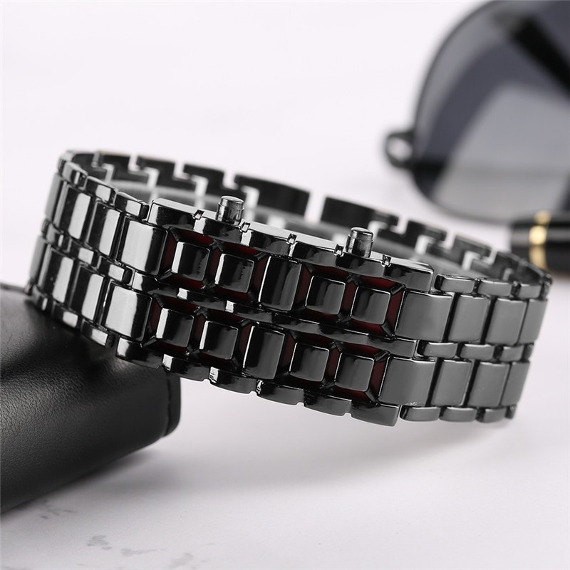 Fashion Black Full Metal Digital Lava Wrist Watch Men Red LED Display Men's Watches Gifts for Male Boy Sport Creative Clock
