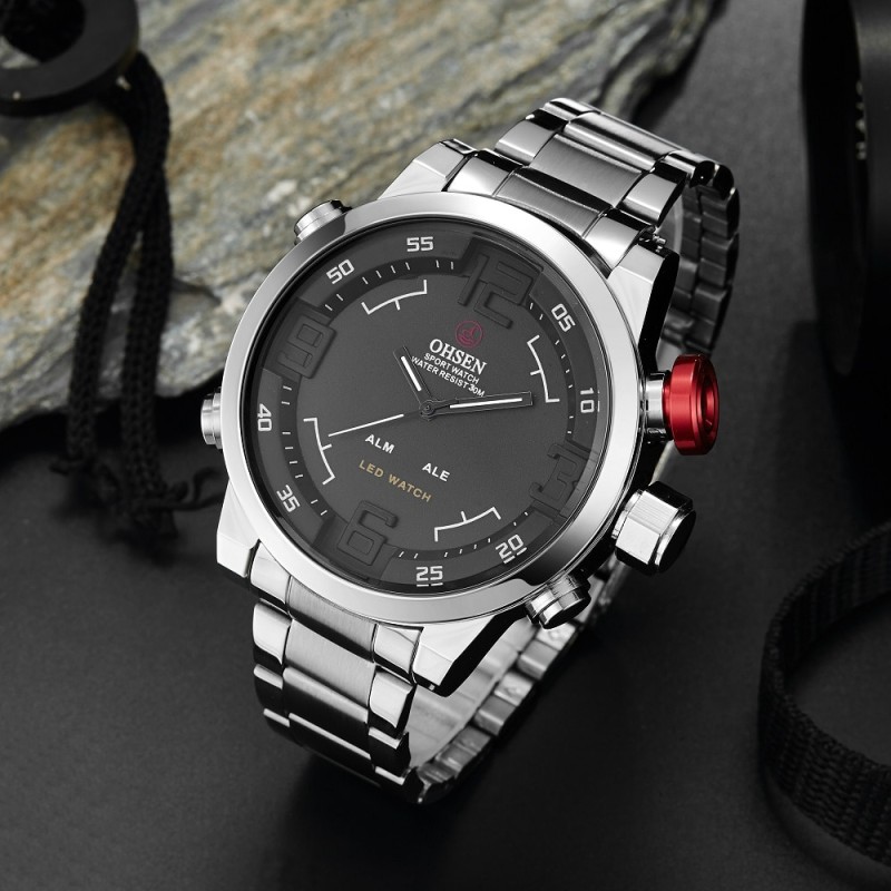 OHSEN Quartz Watch Men Waterproof Sport Military Watches Mens Business Stainless Steel Wristwatch Male Clock Reloj Hombre