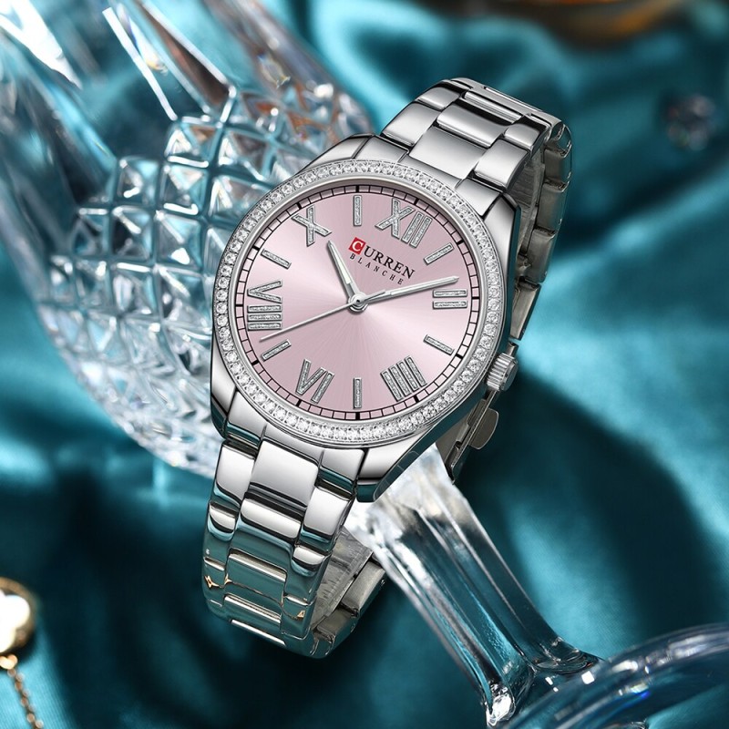 CURREN Luxury Quartz Women's Bracelet Watch Silver Charming Rhinestone Dial with Stainless Steel Band Luminous Hands