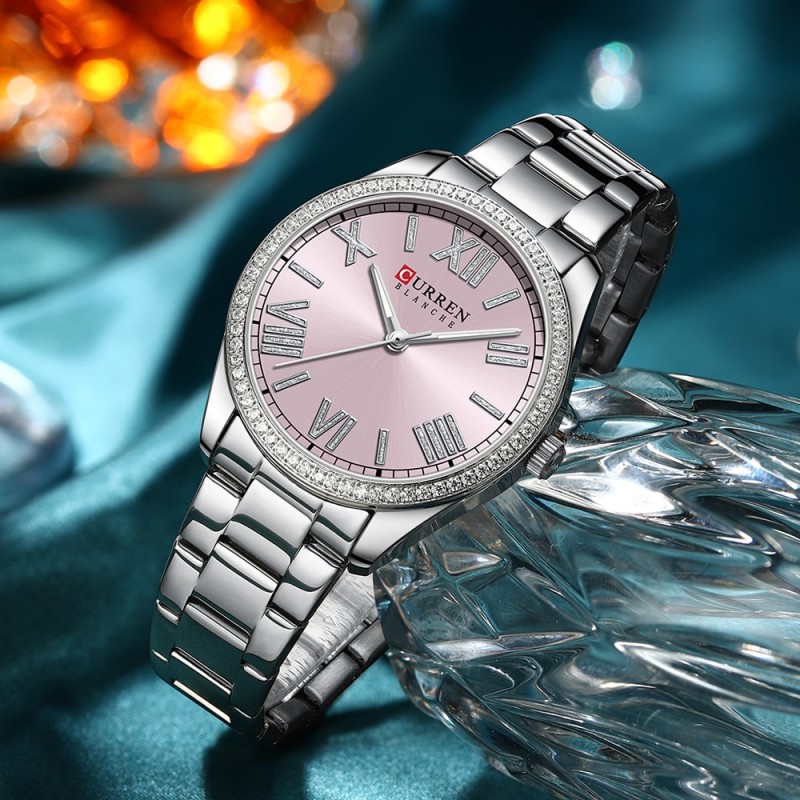 CURREN Luxury Quartz Women's Bracelet Watch Silver Charming Rhinestone Dial with Stainless Steel Band Luminous Hands