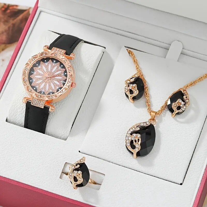 5Pcs Set Women Diamond Watch Starry Square Dial Bracelet Watches Set Ladies Leather Band Quartz Wristwatch Female Clock