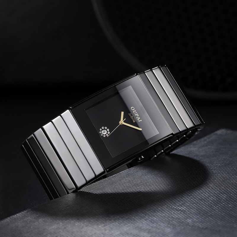 OUPAI 2022 New Arrival Black Rectangle Ceramic Watch Men Ultra Thin 34mm Quartz Fadeless Scratchless Old Fashion Watch