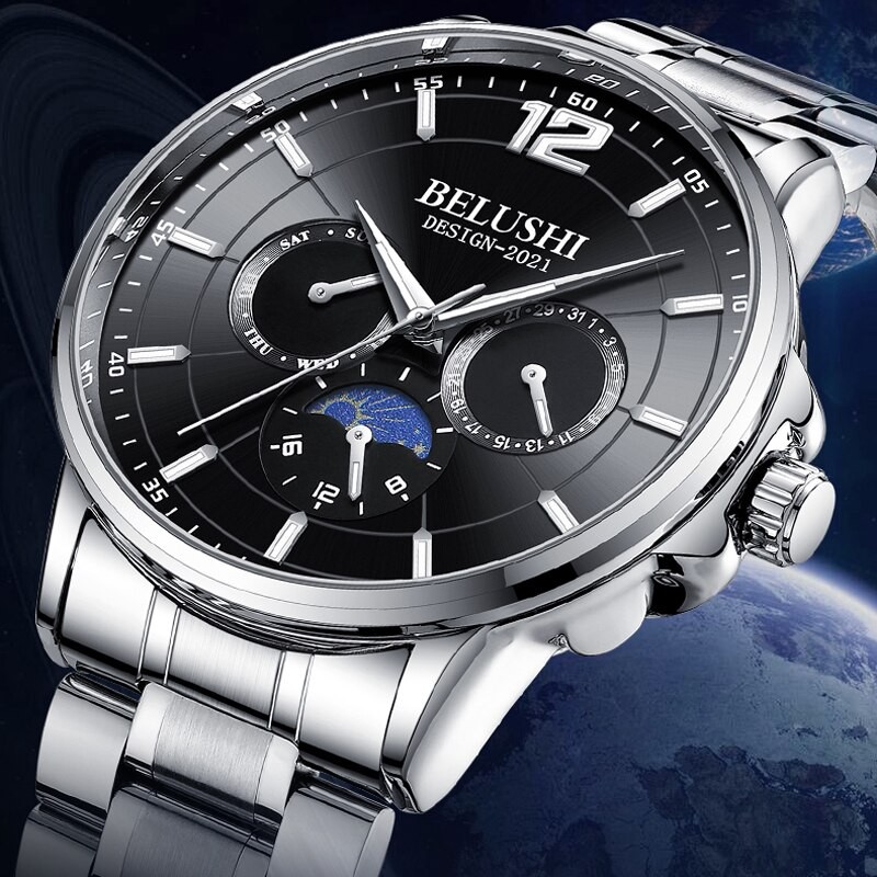2023 Men Watches Luxury Trend Quartz Clock Luminous Calendar Waterproof Multi Function Fancy Round Moon Phase Watch Stainless
