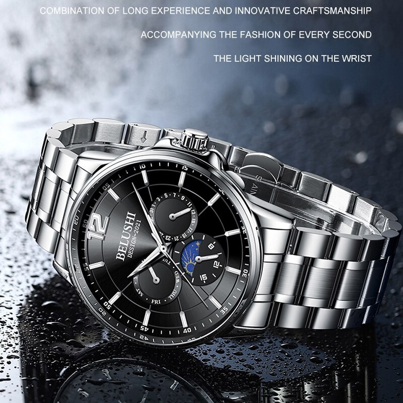 2023 Men Watches Luxury Trend Quartz Clock Luminous Calendar Waterproof Multi Function Fancy Round Moon Phase Watch Stainless