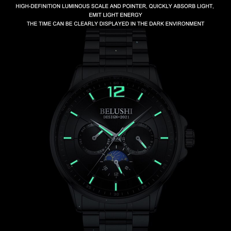 2023 Men Watches Luxury Trend Quartz Clock Luminous Calendar Waterproof Multi Function Fancy Round Moon Phase Watch Stainless